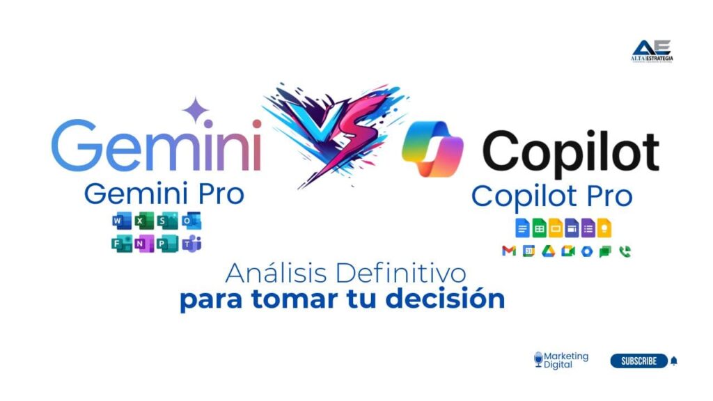 Comparativa visual entre Copilot Pro de Microsoft y Gemini 2.5 Pro de Google, destacando sus integraciones en productividad y asistentes de IA