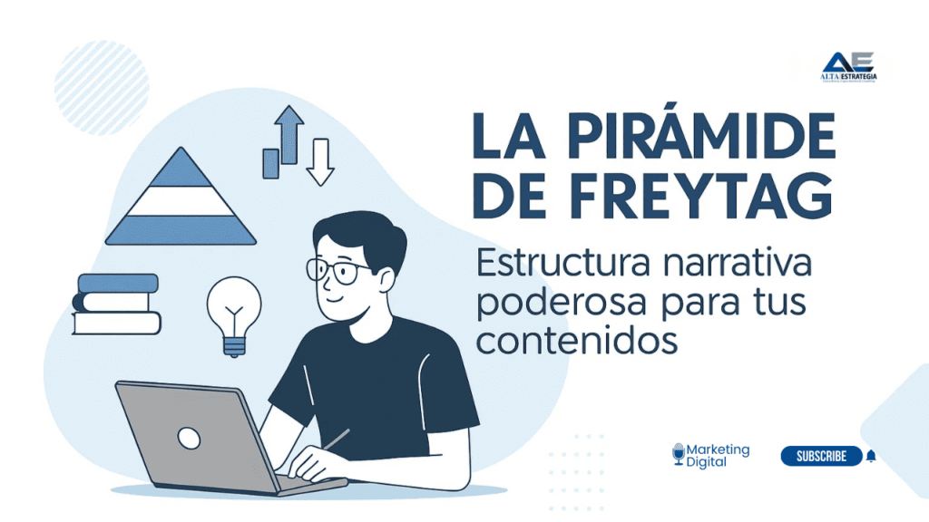 Infografía de la Pirámide de Freytag mostrando los 5 actos de estructura narrativa para crear contenidos poderosos y engaging