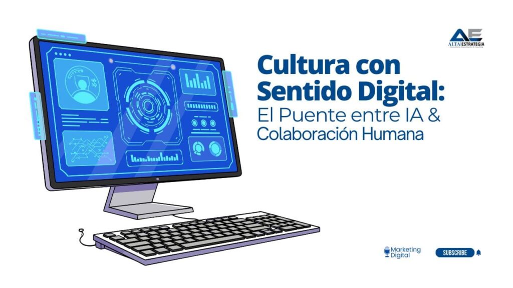 Líderes empresariales en Latinoamérica colaborando en una oficina moderna, analizando visualizaciones de datos de inteligencia artificial en una tablet, representando la integración de la cultura organizacional y la tecnología digital.