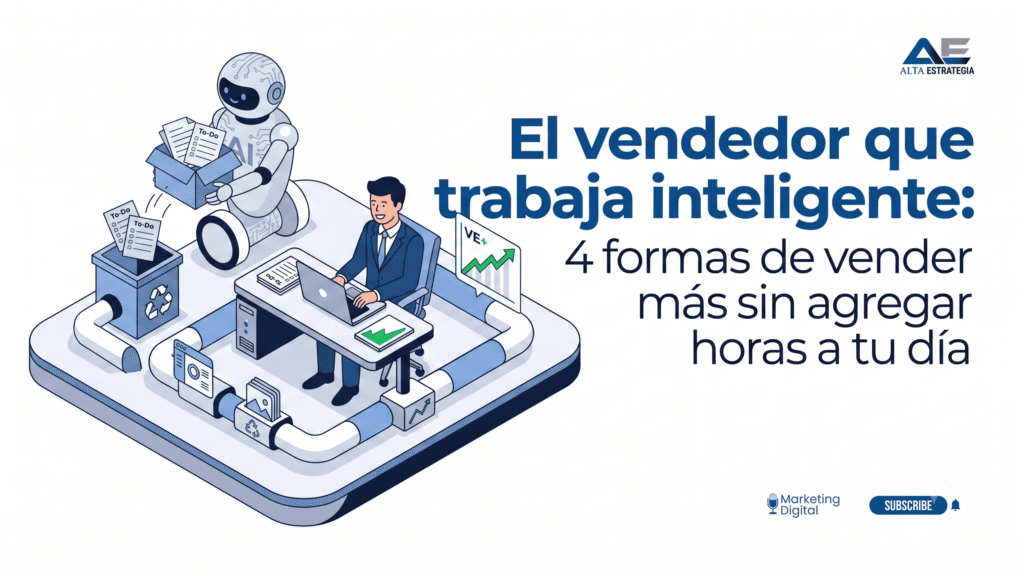Ilustración isométrica en azul y blanco de un vendedor trabajando en su escritorio mientras un robot de IA organiza sus tareas y tira las que no aportan valor. Texto: 'El vendedor que trabaja inteligente: 4 formas de vender más sin agregar horas a tu día'. Incluye logos de Alta Estrategia y Marketing Digital.