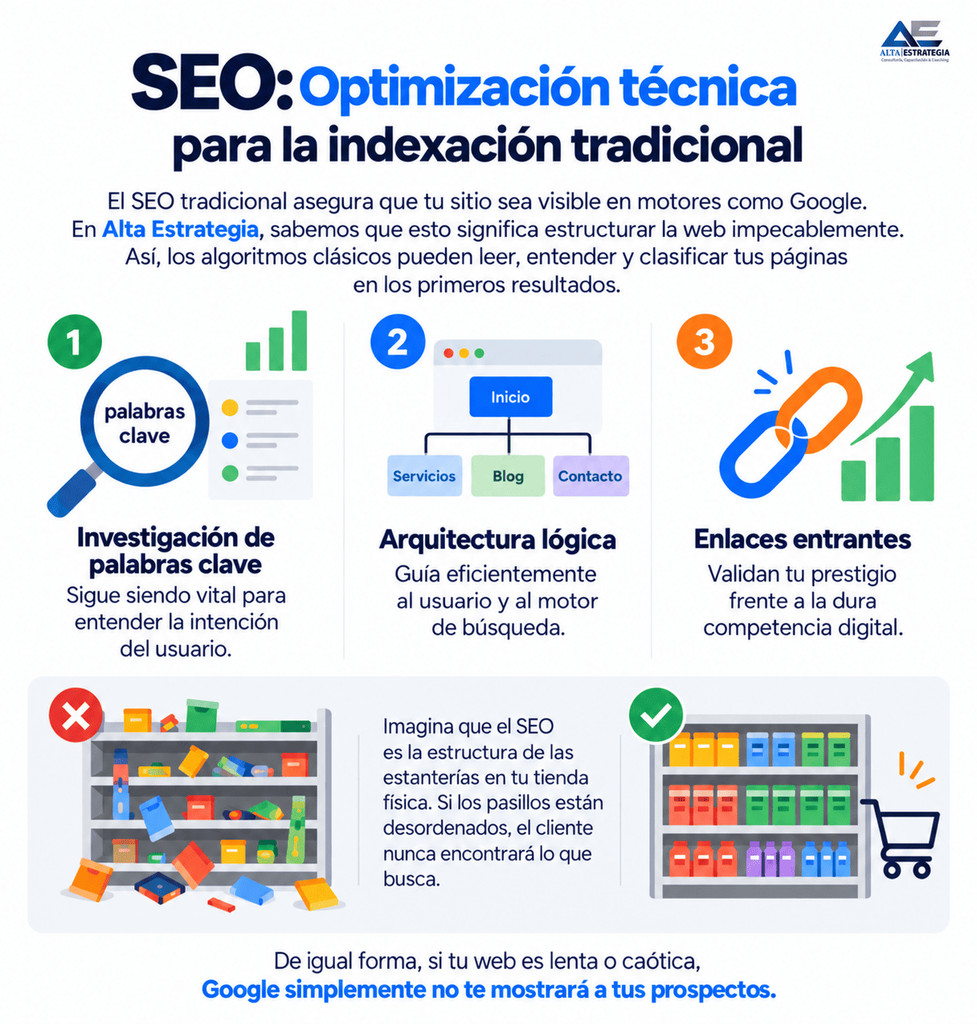 SEO: Optimización técnica para la indexación tradicional El SEO tradicional asegura que tu sitio sea visible en motores como Google. En Alta Estrategia, sabemos que esto significa estructurar la web impecablemente. Así, los algoritmos clásicos pueden leer, entender y clasificar tus páginas en los primeros resultados. — La investigación de palabras clave sigue siendo vital para entender la intención del usuario. — Una arquitectura lógica guía eficientemente al usuario y al motor de búsqueda. — Los enlaces entrantes validan tu prestigio frente a la dura competencia digital. Imagina que el SEO es la estructura de las estanterías en tu tienda física. Si los pasillos están desordenados, el cliente nunca encontrará lo que busca. De igual forma, si tu web es lenta o caótica, Google simplemente no te mostrará a tus prospectos